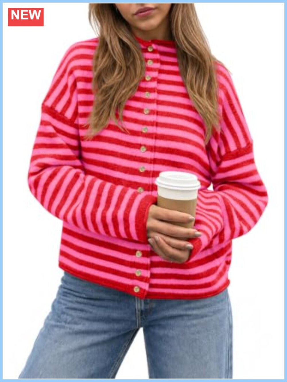 Womens Striped Cardigan Sweater Mock Neck Button Down Loose Knit Fall Top